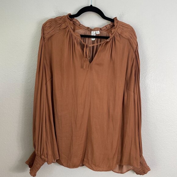 Joie Womens Plus 2X Rust Orange Long Sleeve Ruffle Neck Blouse Top Satin Shirt - Picture 7 of 11